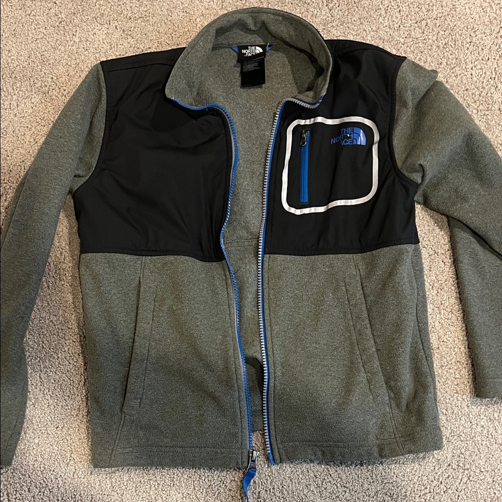 The North Face Kids Gray and Black Jacket with Blue Trim